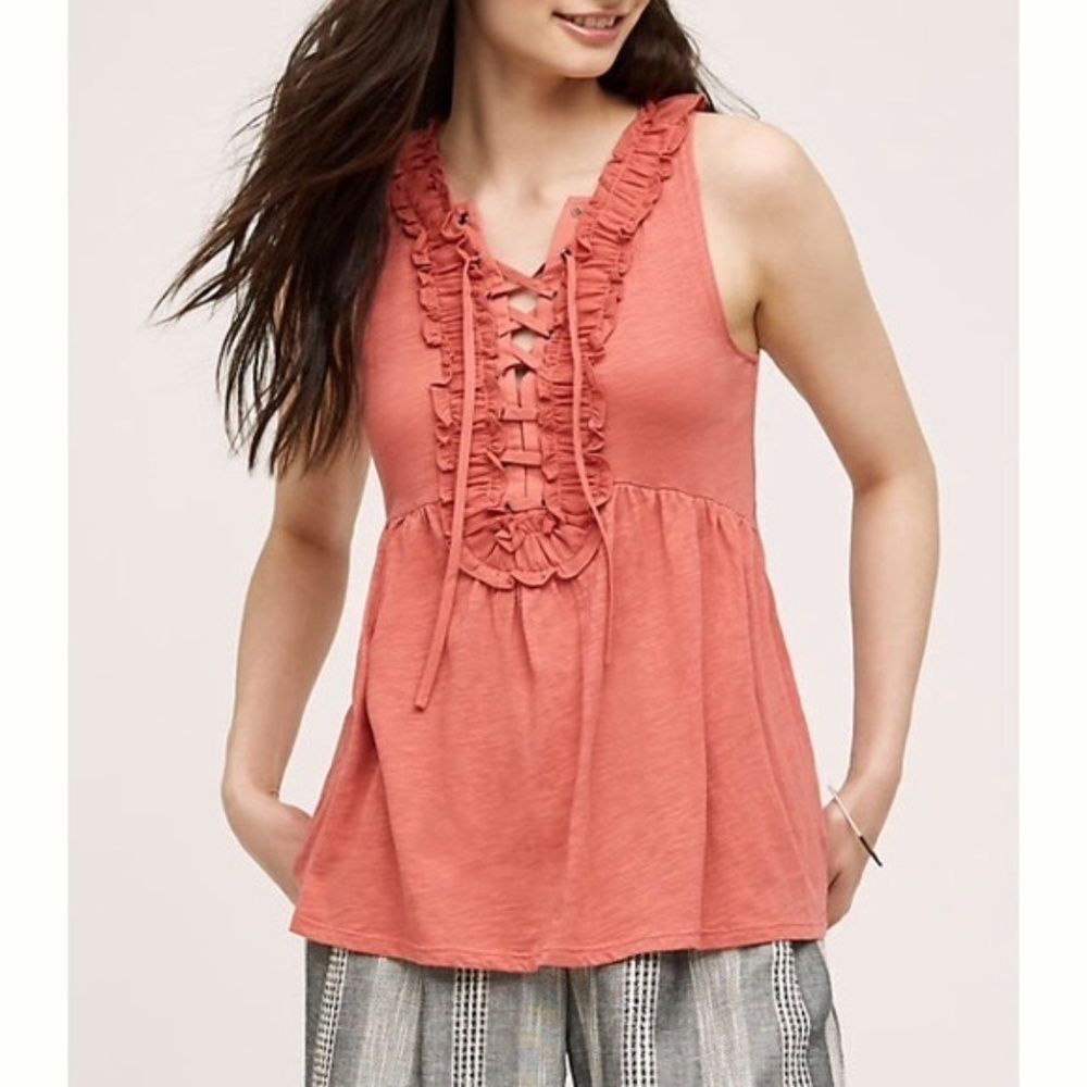 Anthro Deletta Lace Up Rose Ruffle Sleeveless Top